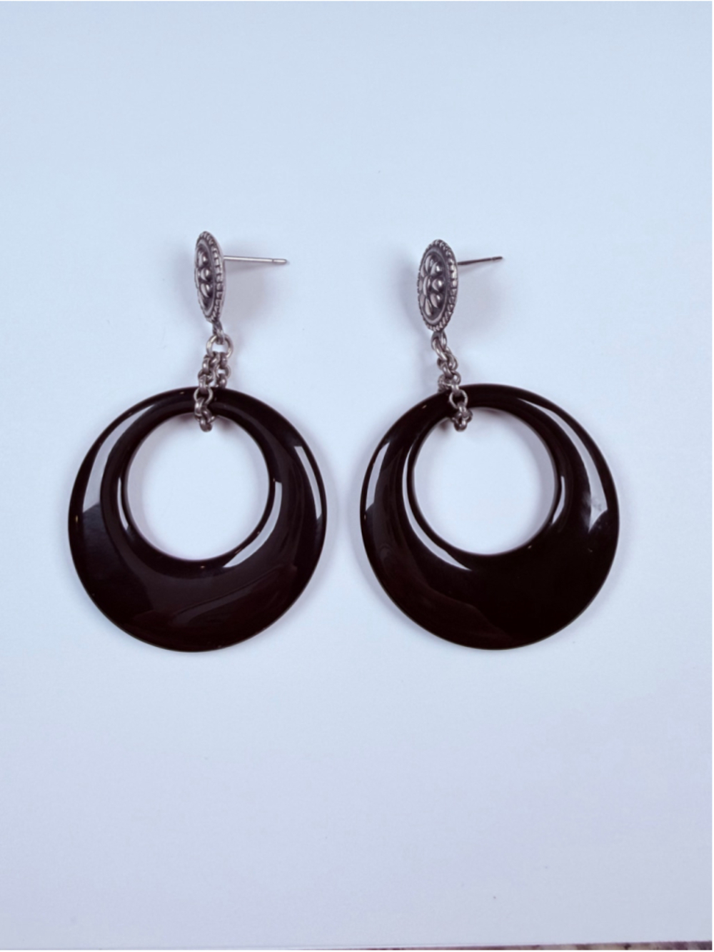 Black Obsidian Concho 925 Sterling Silver Hoop Disc 2.2" Dangle VTG Earrings